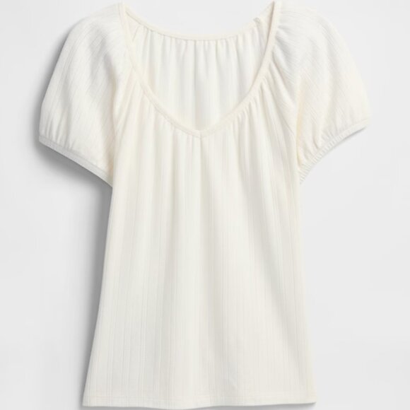 GAP Ribbed Pointelle Puff Sleeve Top in Off White Milk/NWT/L - Picture 5 of 14